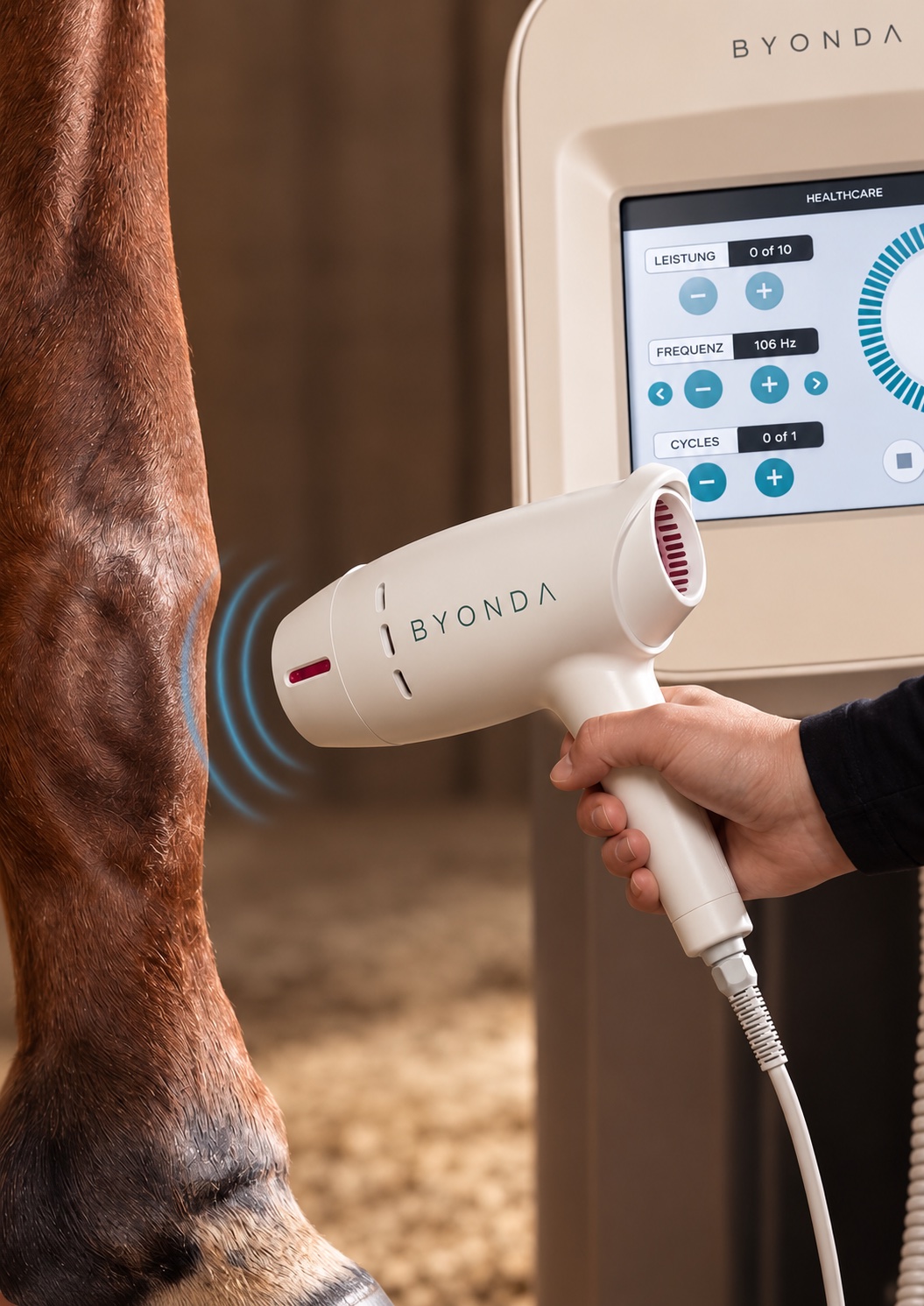 A BYONDA handpiece treating a horse's leg without touching the coat